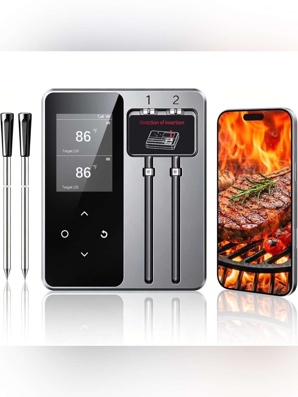Smart Bluetooth Wireless Meat Thermometer, APP Control, 2 Ultra-Thin Probes, NIB